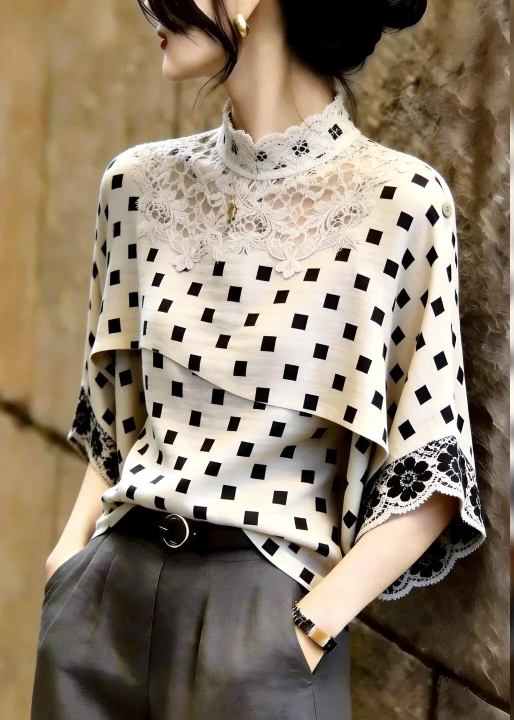 Women's Top Stand Collar Plaid Lace Patchwork Three-Quarter Sleeve 4