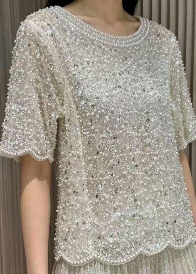 Women's Tulle Top Embellished with Sequins and Pearls 0