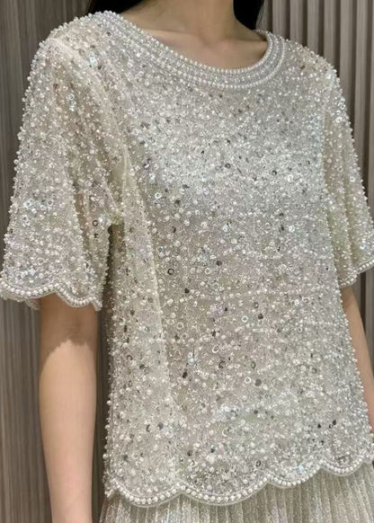 Women's Tulle Top Embellished with Sequins and Pearls 0