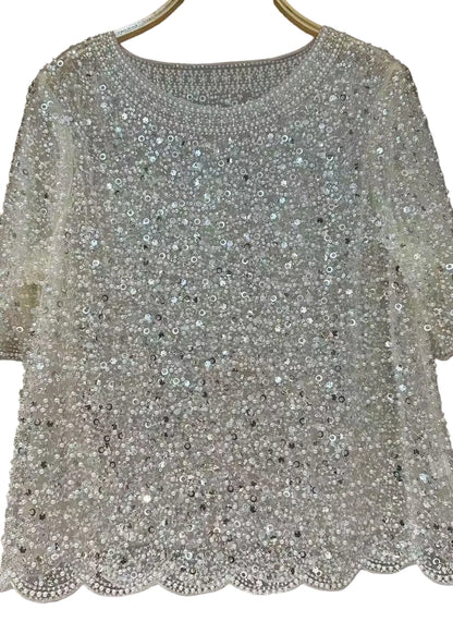 Women's Tulle Top Embellished with Sequins and Pearls 1