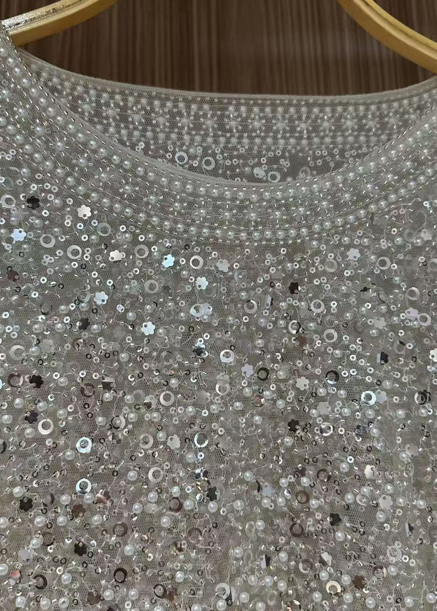 Women's Tulle Top Embellished with Sequins and Pearls 2