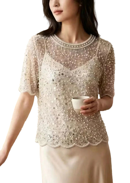 Women's Tulle Top with Sequins and Bead Detailing Summer Style 0