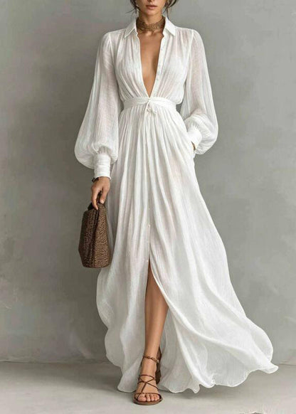Women's Tunic Maxi Dress Peter Pan Collar Lantern Sleeve 0