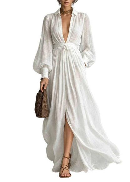 Women's Tunic Maxi Dress Peter Pan Collar Lantern Sleeve 4