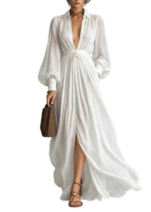 Women's Tunic Maxi Dress Peter Pan Collar Lantern Sleeve 4