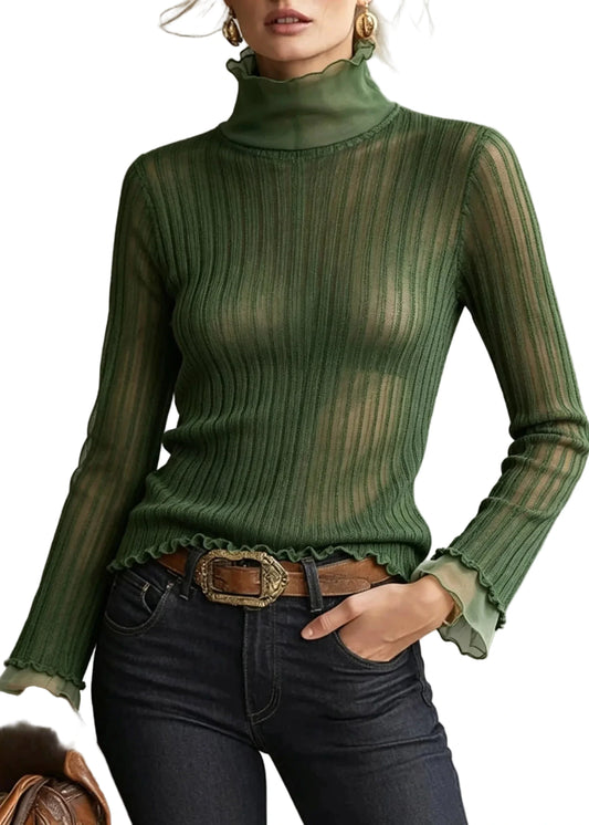Women's Turtleneck Knit Top Patchwork Style 0