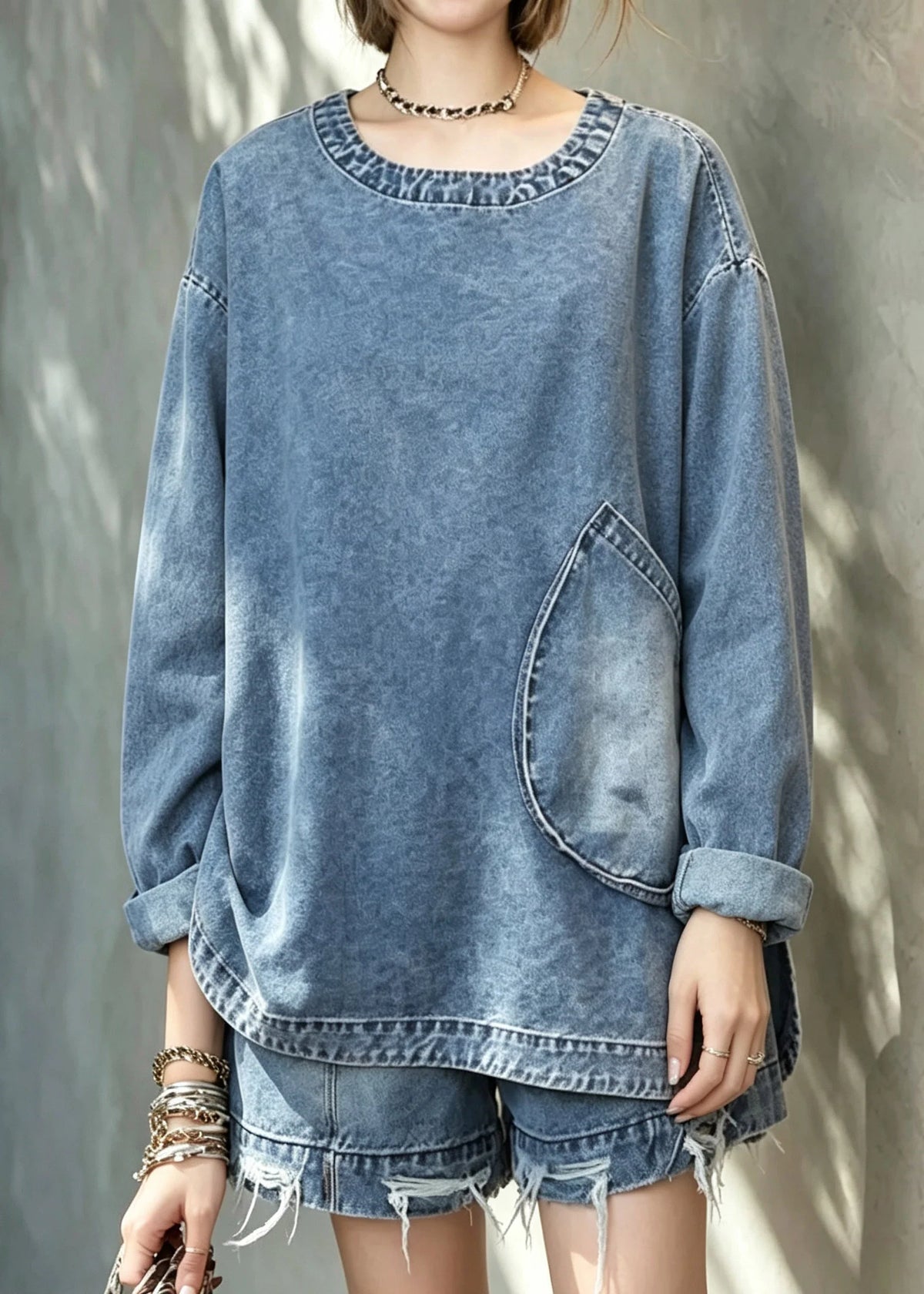 Women's Two-Piece Denim Top and Shorts Set Casual 2
