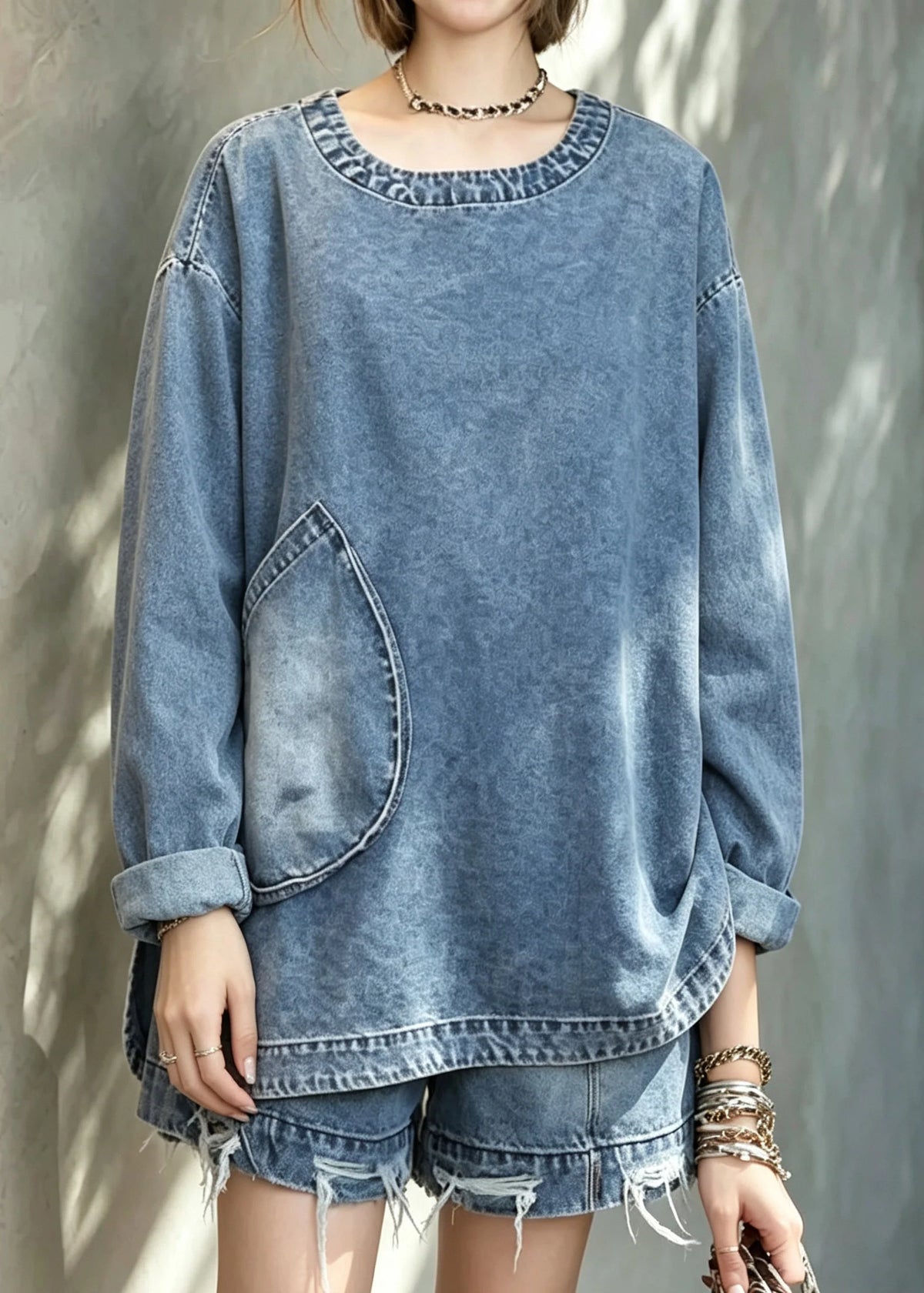 Women's Two-Piece Denim Top and Shorts Set Casual 4