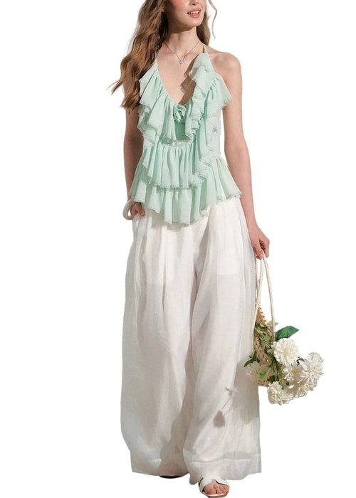 Women's Two-Piece Outfit Ruffled Top and Wide Leg Pants 0