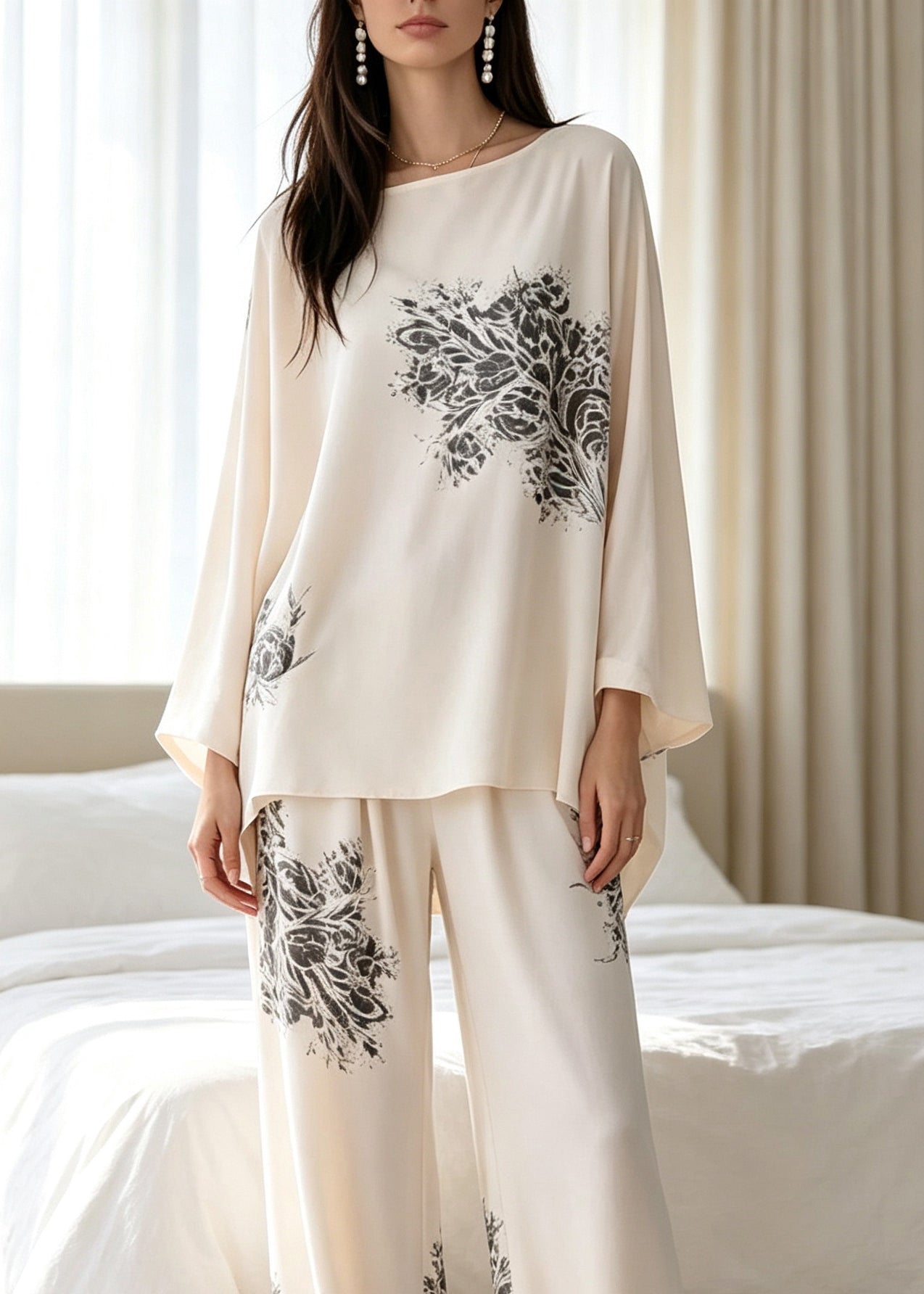 Women's Two-Piece Pajama Set Loose Fit Batwing Sleeve 3