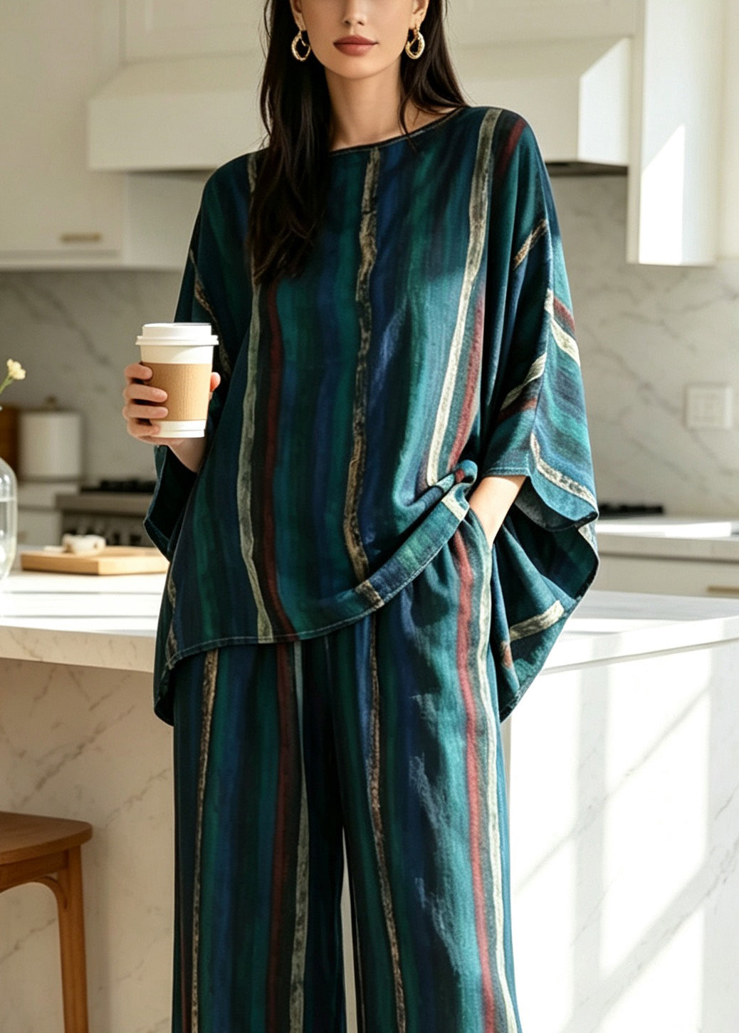 Women's Two-Piece Pajama Set Loose Fit Batwing Sleeve 4