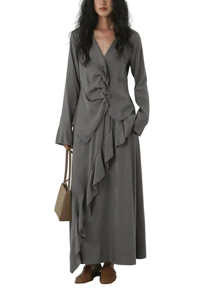 Women's Two-Piece Set Asymmetrical Ruffled V Neck Long Sleeve 0