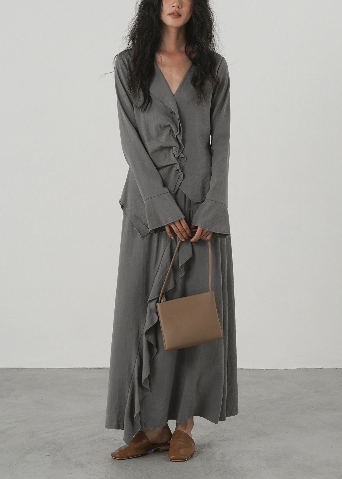 Women's Two-Piece Set Asymmetrical Ruffled V Neck Long Sleeve 1