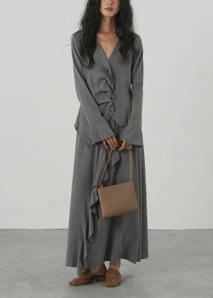 Women's Two-Piece Set Asymmetrical Ruffled V Neck Long Sleeve 1