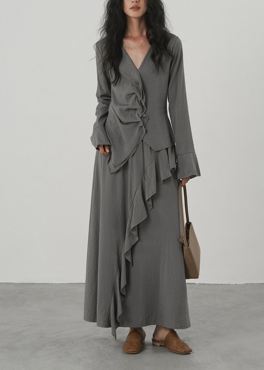 Women's Two-Piece Set Asymmetrical Ruffled V Neck Long Sleeve 2