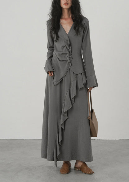 Women's Two-Piece Set Asymmetrical Ruffled V Neck Long Sleeve 2