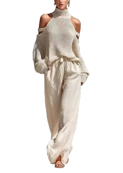 Women's Two-Piece Set Bohemian Style Turtleneck Top and Wide Leg Pants 0