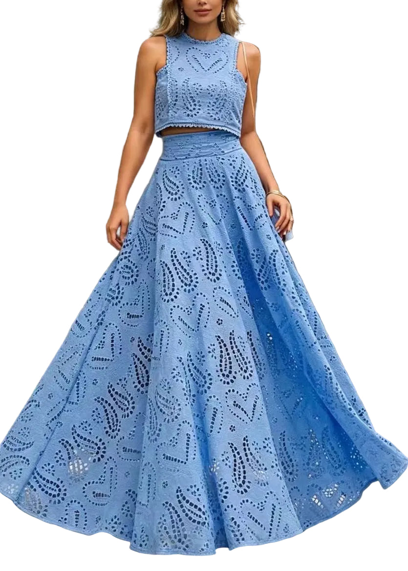 Women's Two-Piece Set Cut Out Top and Flared Hem Skirt Sleeveless 0