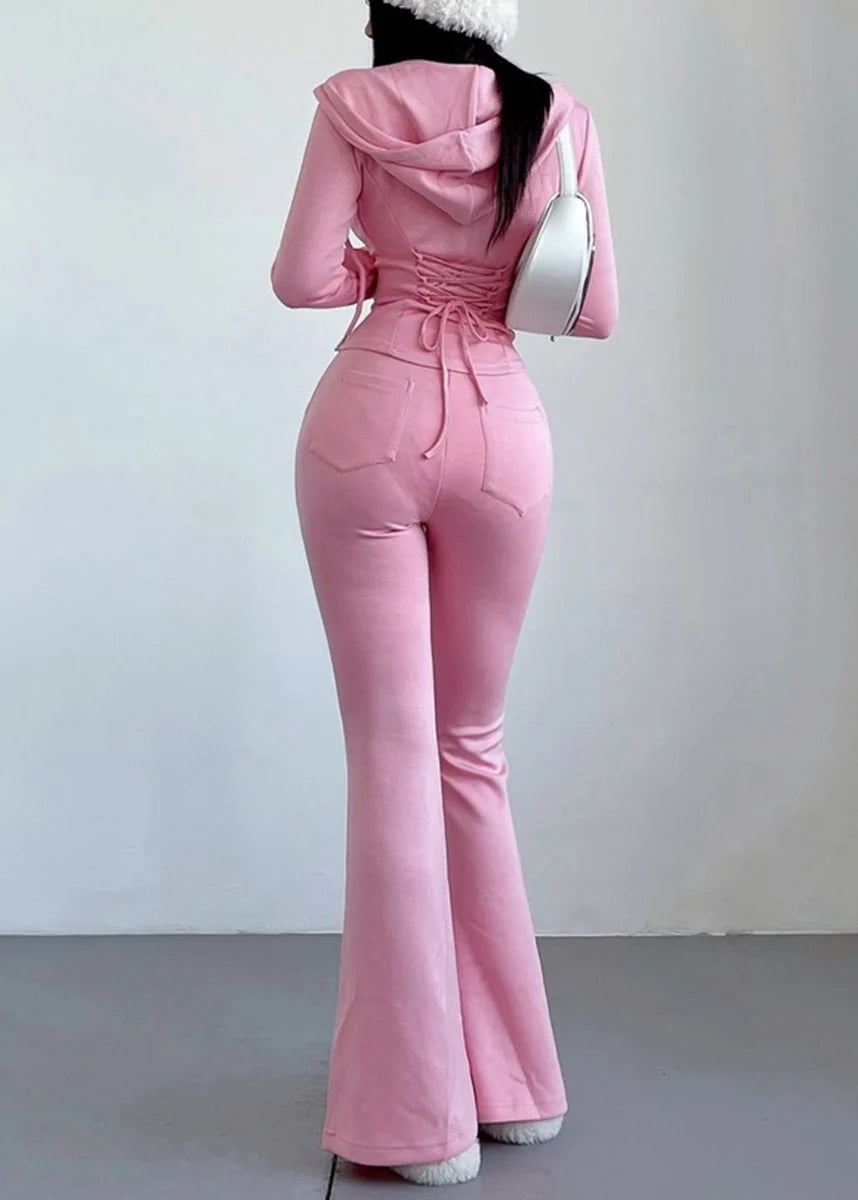 Women's Two-Piece Set Hooded Zip-Up Top and Flared Pants Casual 0