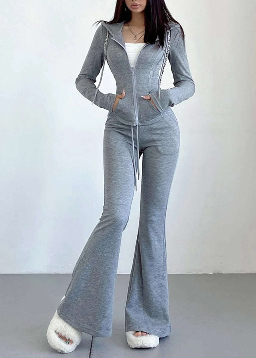 Women's Two-Piece Set Hooded Zip-Up Top and Flared Pants Casual 1