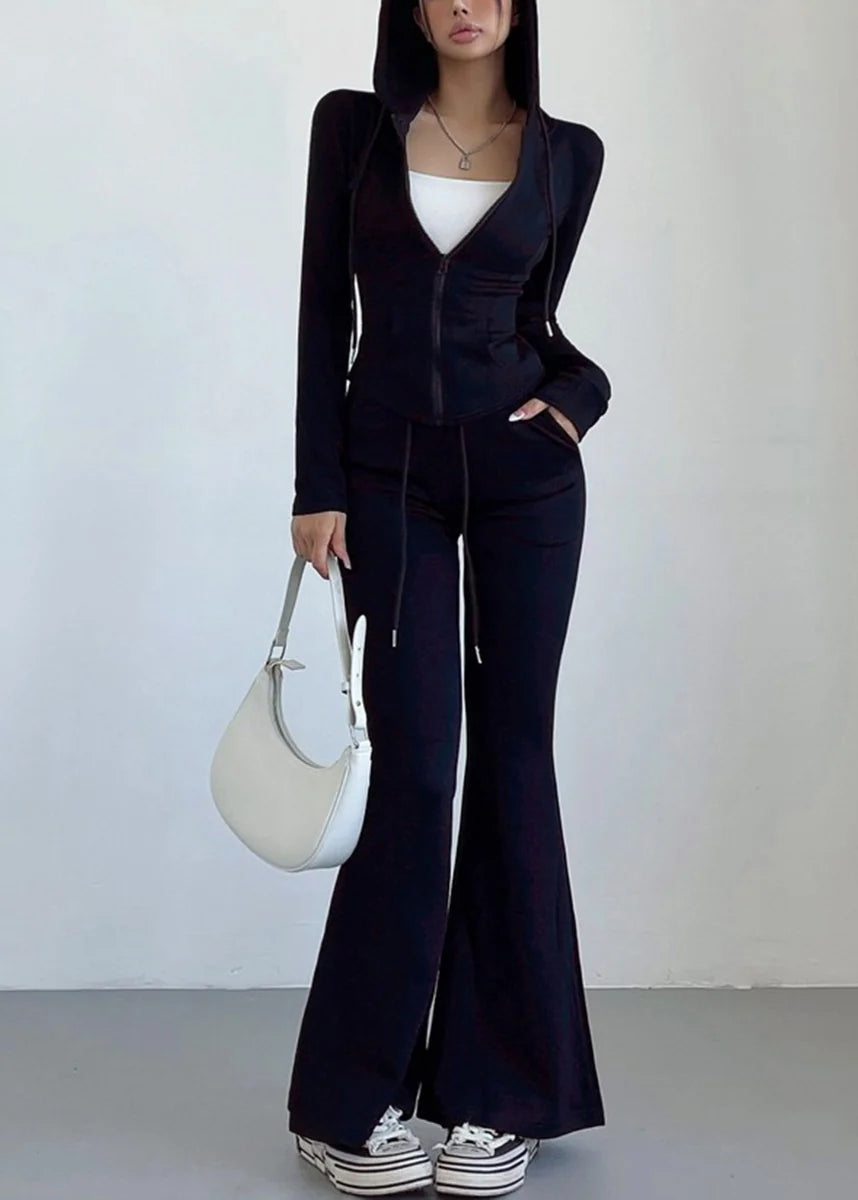 Women's Two-Piece Set Hooded Zip-Up Top and Flared Pants Casual 2