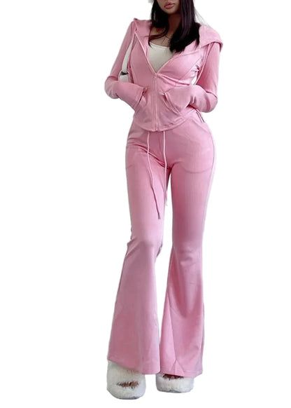 Women's Two-Piece Set Hooded Zip-Up Top and Flared Pants Casual 3