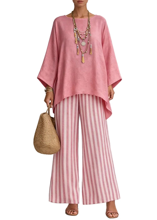 Women's Two-Piece Set Loose Fit O-Neck Top and Wide Leg Pants 0