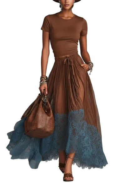 Women's Two-Piece Set O-Neck Top and Patchwork Lace Skirt 0
