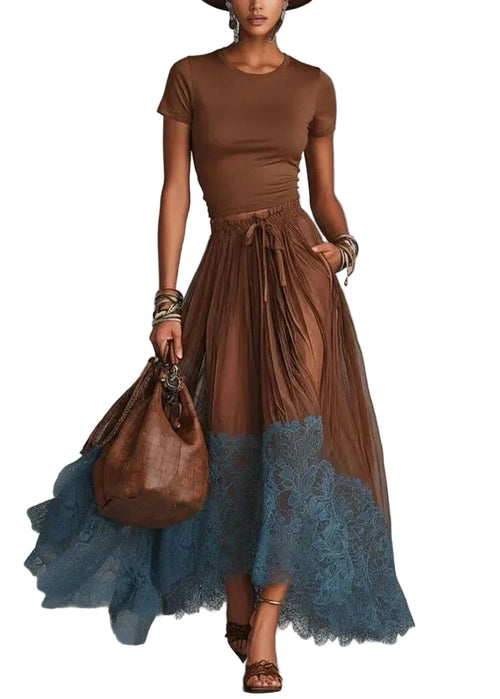 Women's Two-Piece Set O-Neck Top and Patchwork Lace Skirt 0