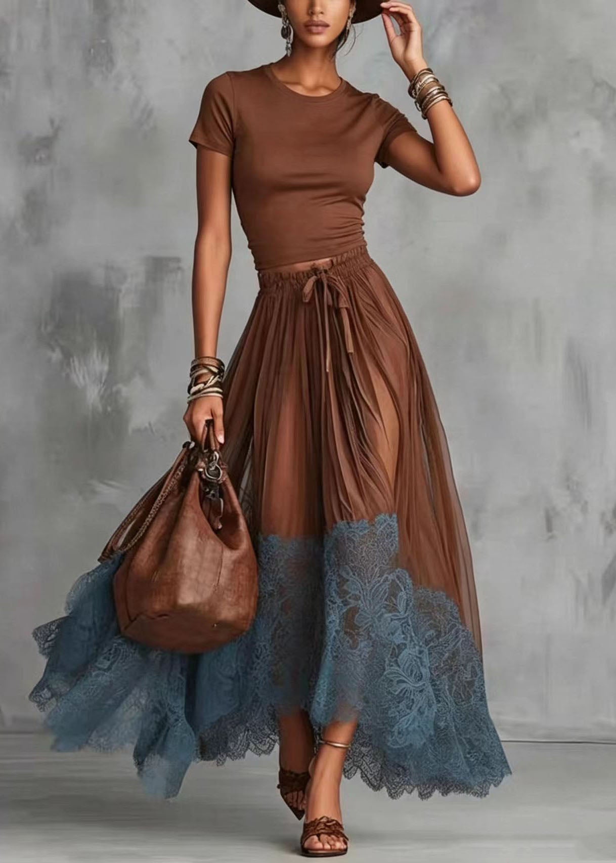 Women's Two-Piece Set O-Neck Top and Patchwork Lace Skirt 1