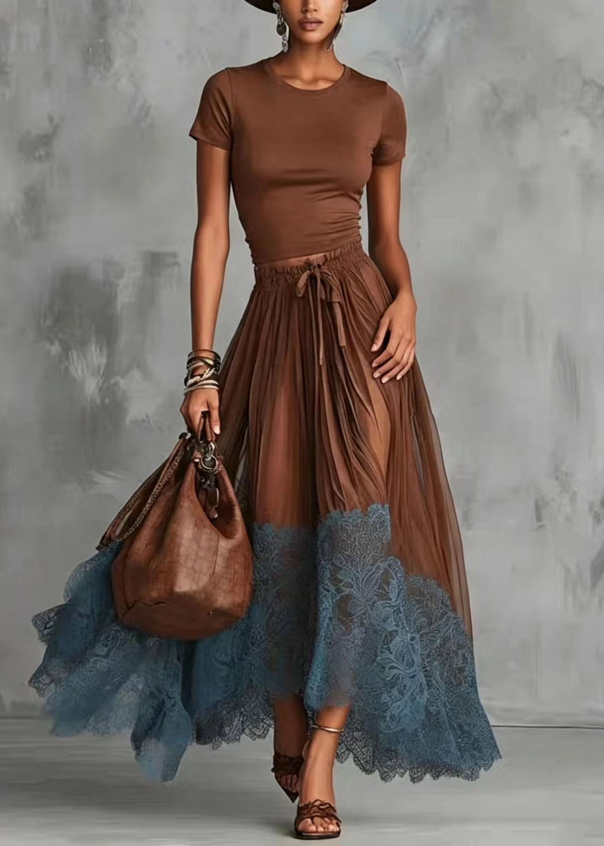 Women's Two-Piece Set O-Neck Top and Patchwork Lace Skirt 2
