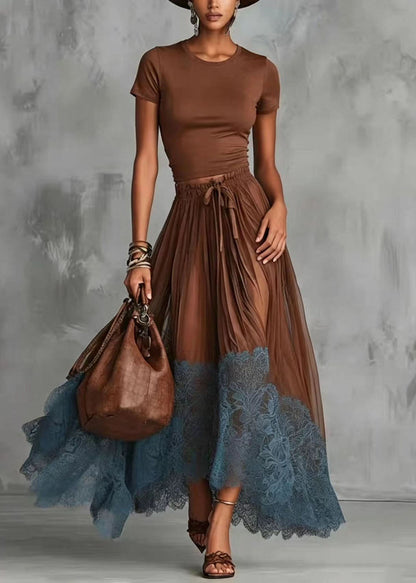 Women's Two-Piece Set O-Neck Top and Patchwork Lace Skirt 2