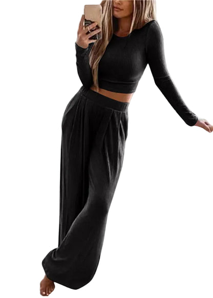 Women's Two-Piece Set O-Neck Top and Wide Leg Pants Long Sleeve 0