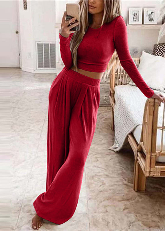 Women's Two-Piece Set O-Neck Top and Wide Leg Pants Long Sleeve 1