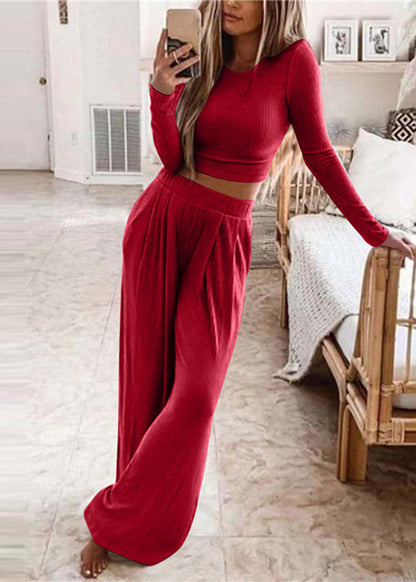 Women's Two-Piece Set O-Neck Top and Wide Leg Pants Long Sleeve 1