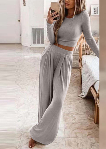 Women's Two-Piece Set O-Neck Top and Wide Leg Pants Long Sleeve 2