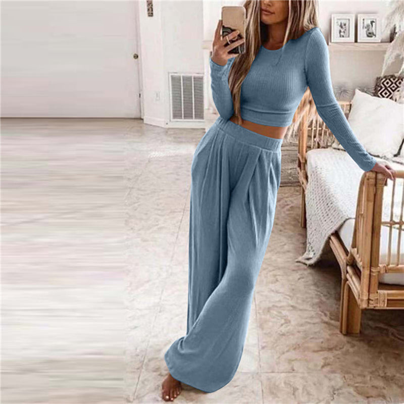 Women's Two-Piece Set O-Neck Top and Wide Leg Pants Long Sleeve 3