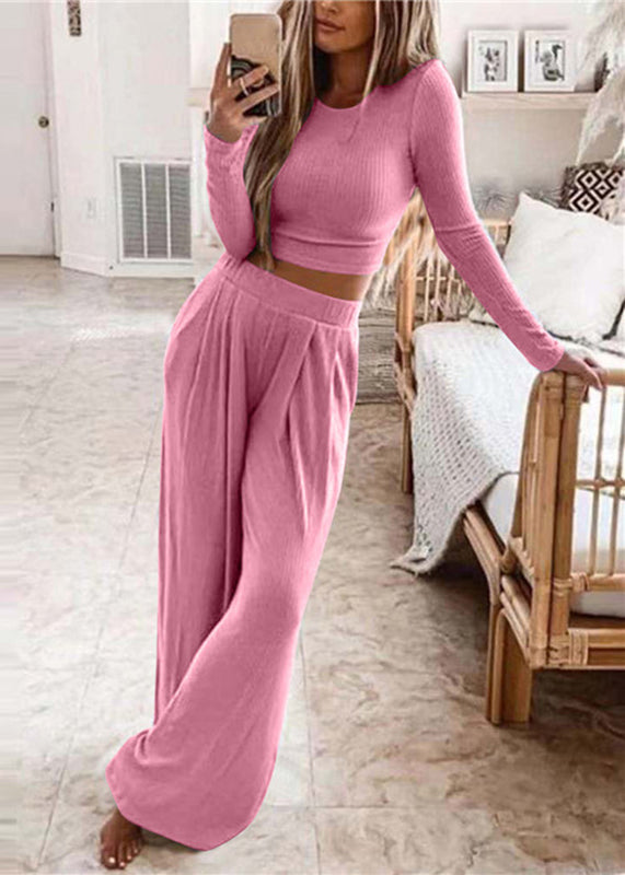 Women's Two-Piece Set O-Neck Top and Wide Leg Pants Long Sleeve 4