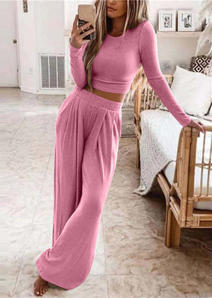 Women's Two-Piece Set O-Neck Top and Wide Leg Pants Long Sleeve 4