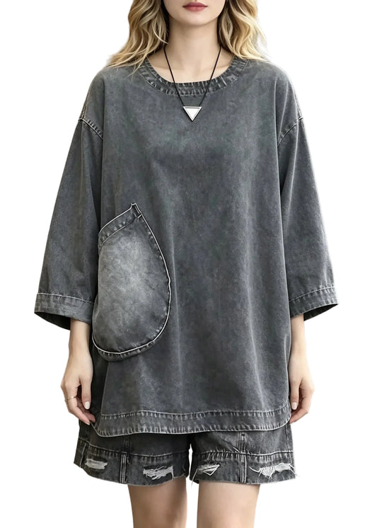 Women's Two-Piece Set Patchwork Denim Top and Shorts Loose Fit 0