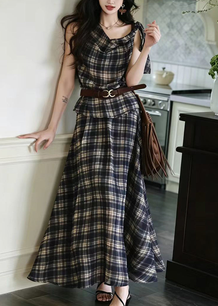 Women's Two-Piece Set Plaid One Shoulder Lace-Up 0
