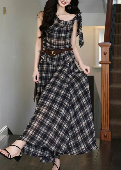 Women's Two-Piece Set Plaid One Shoulder Lace-Up 1