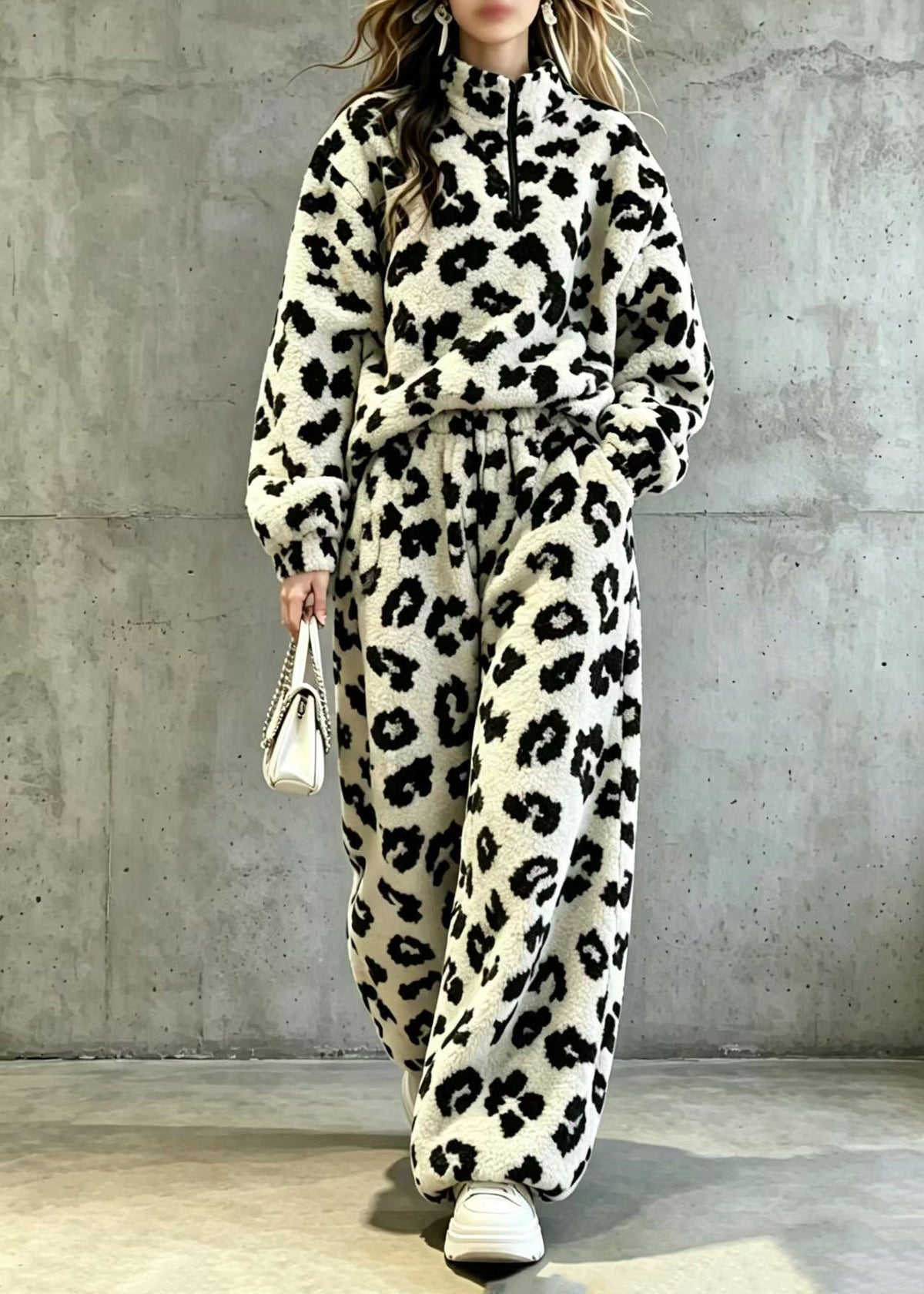Women's Two-Piece Set Stand Collar Zippered Teddy Style 4
