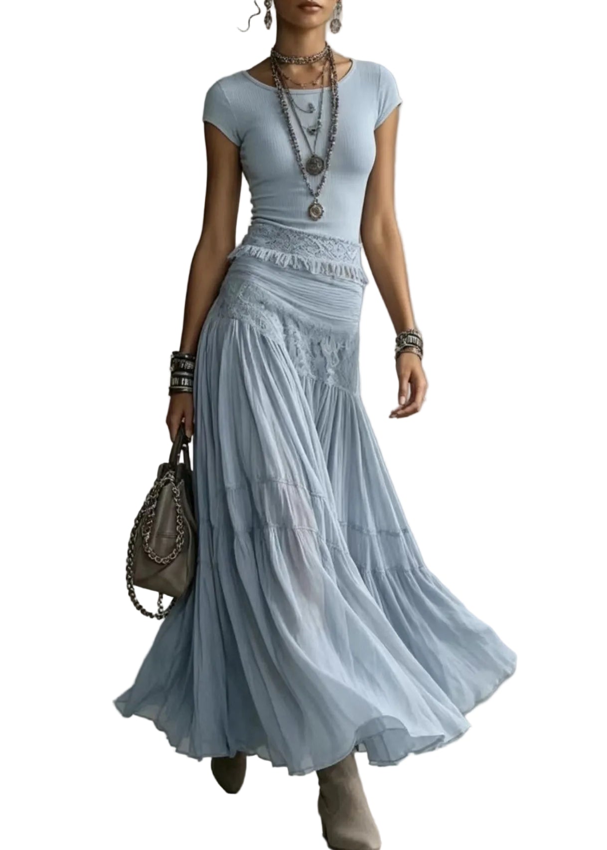Women's Two-Piece Set Tassel Knit Top and Maxi Skirt Sleeveless 0