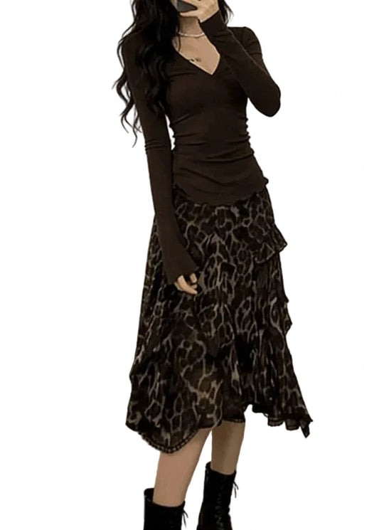 Women's Two-Piece Set V Neck Printed Top and A-Line Skirt 0