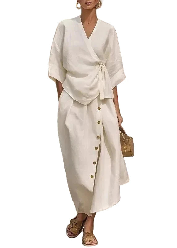 Women's Two-Piece Set V Neck Tie Waist Top and Maxi Skirt Half Sleeve 0