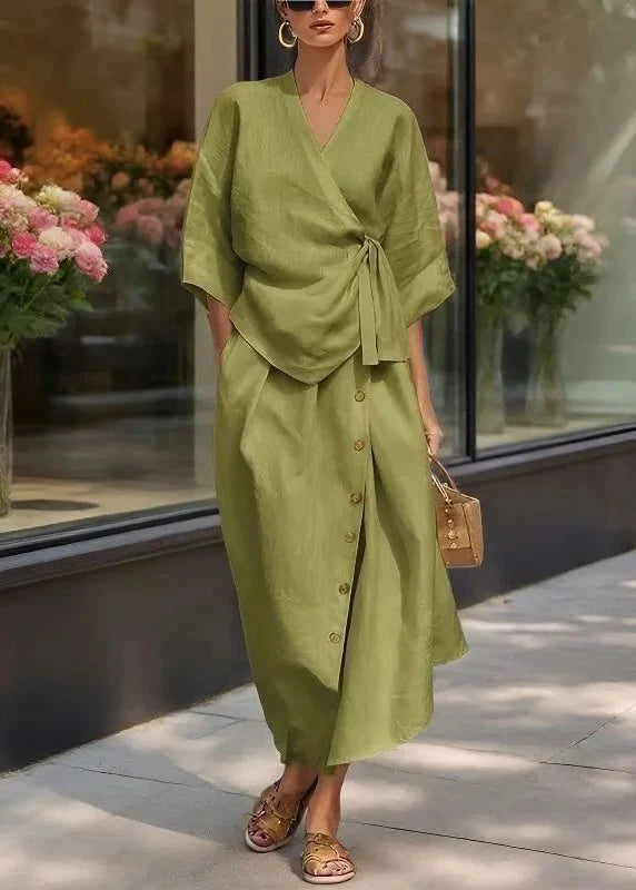Women's Two-Piece Set V Neck Tie Waist Top and Maxi Skirt Half Sleeve 2