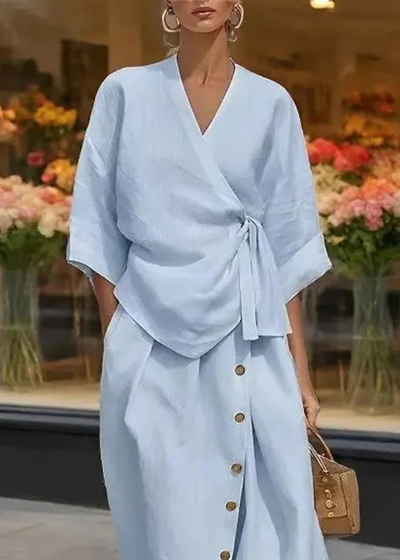 Women's Two-Piece Set V Neck Tie Waist Top and Maxi Skirt Half Sleeve 3
