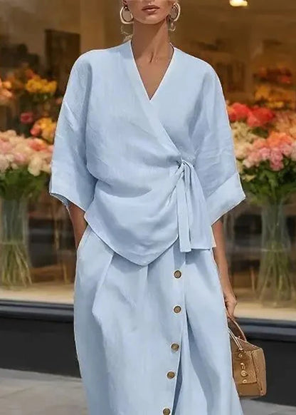 Women's Two-Piece Set V Neck Tie Waist Top and Maxi Skirt Half Sleeve 3