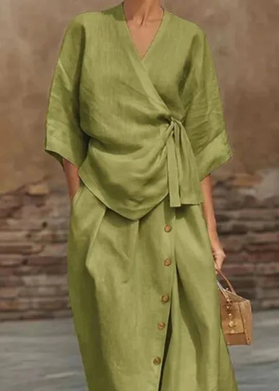 Women's Two-Piece Set V Neck Tie Waist Top and Maxi Skirt Half Sleeve 4